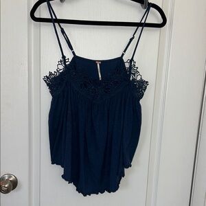 Free People Kayla Flowy Boho Style High-Low Crochet Spaghetti Strap Tank Blue
